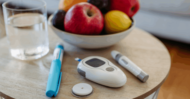 a blood glucose meter and a thermometer on a table