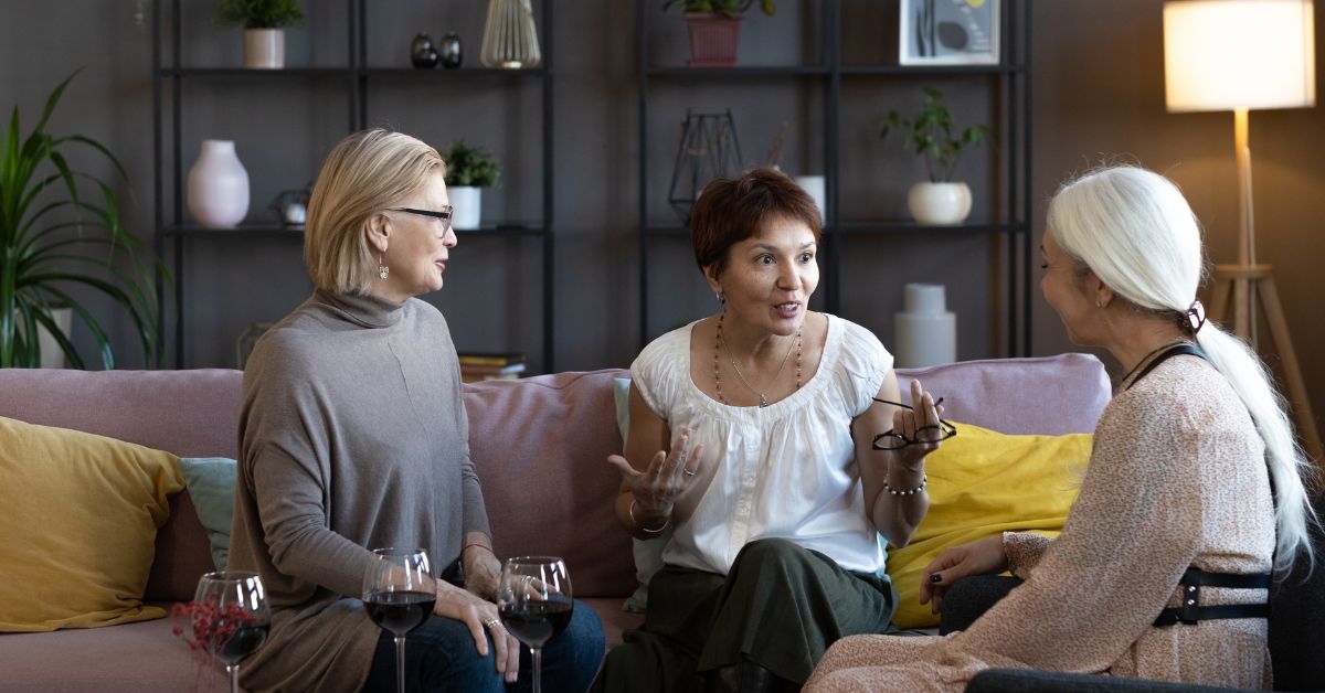 seniors talking in an assisted living community